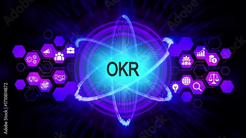 O K R acronym in glowing blue atom nucleus with purple hexagonal network and business icons objectives and key results