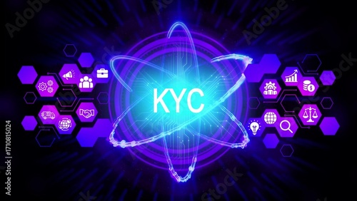 Glowing atomic structure with K Y C text and business icons on dark background know your customer identity verification