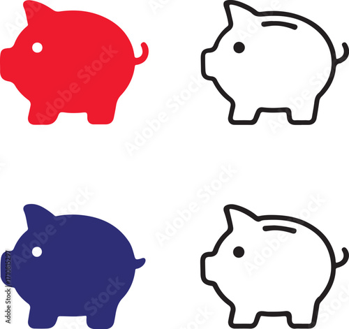 Piggy bank icons set, four money savings piggy bank icons, black silhouette, outline, filled, thin stroke, minimal vector, editable isolated design, finance and investment symbols