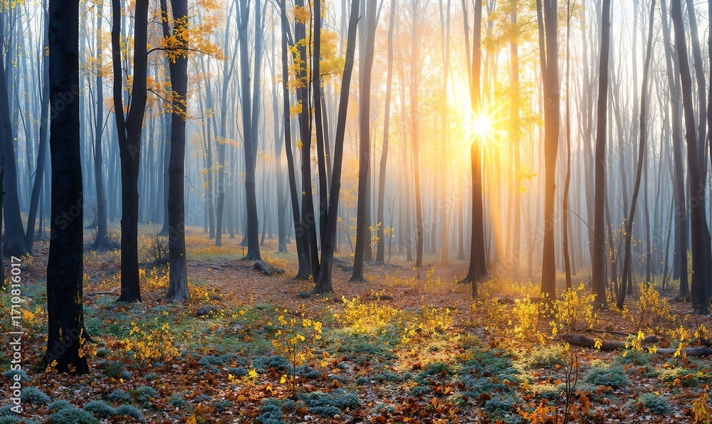 Obraz premium Serene Autumn Forest at Sunrise: Golden Light, Misty Air, and Vibrant Leaves