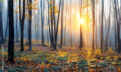 Serene Autumn Forest at Sunrise: Golden Light, Misty Air, and Vibrant Leaves