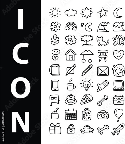 Collection of playful hand-drawn doodle icons featuring sun, stars, moon, flowers, rainbow, cat, butterfly, house, stationery, coffee, light bulb, pizza, camera, car, airplane, and more. Perfect for w