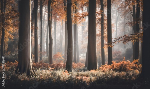 Serene Autumn Forest Bathed in Misty Light with Glimpses of Colorful Foliage
