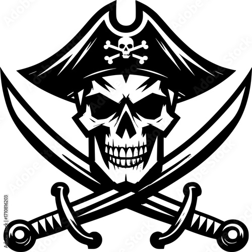 Pirate Skull and Crossed Swords Icon: A detailed and ominous monochrome illustration of a pirate skull adorned with a tricorn hat, flanked by crossed cutlasses.