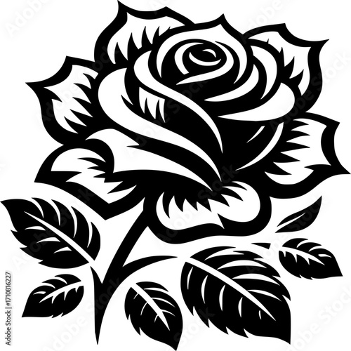 Timeless Rose Silhouette: An elegant black rose illustration on display, each delicate petal and leaf rendered with intricate detail.