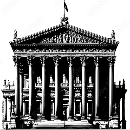 Architectural grandeur: A detailed pen and ink illustration showcases the elegant facade of a historic building, evoking a sense of timelessness and cultural richness.