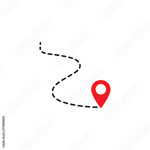 Dashed path leading to a vibrant red GPS locator pin, symbolizing a journey, travel route, or a specific destination on a map concept