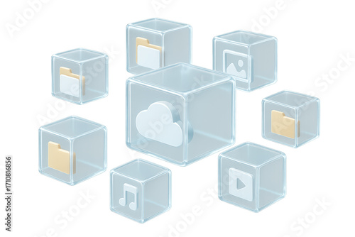 Cloud Computing Data Cubes:  A captivating depiction of cloud computing, with transparent cubes housing key digital file icons.