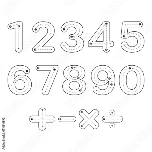 Set of numbers 0-9, dotted lines. For practicing writing. 
