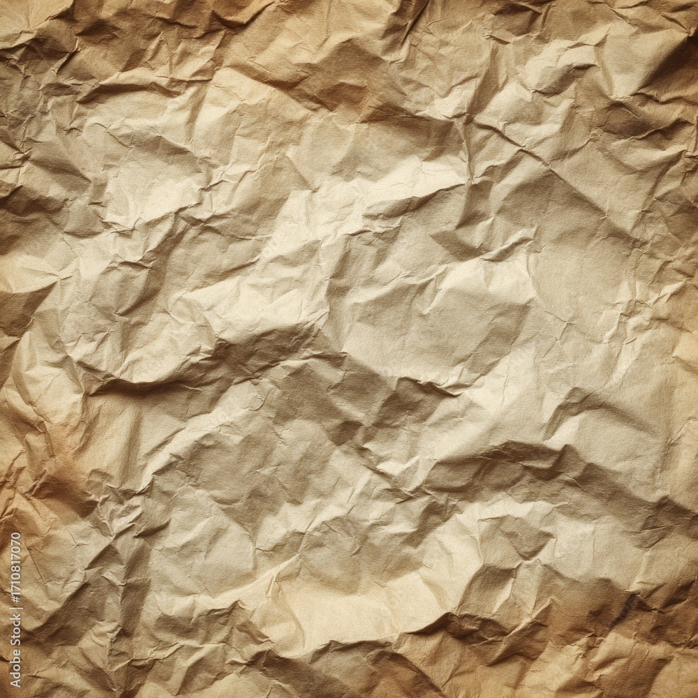 Fototapeta premium Crumbled Paper Texture: A close-up image of crumpled brown paper, revealing intricate textures and folds. A timeless backdrop, the image exudes vintage appeal.