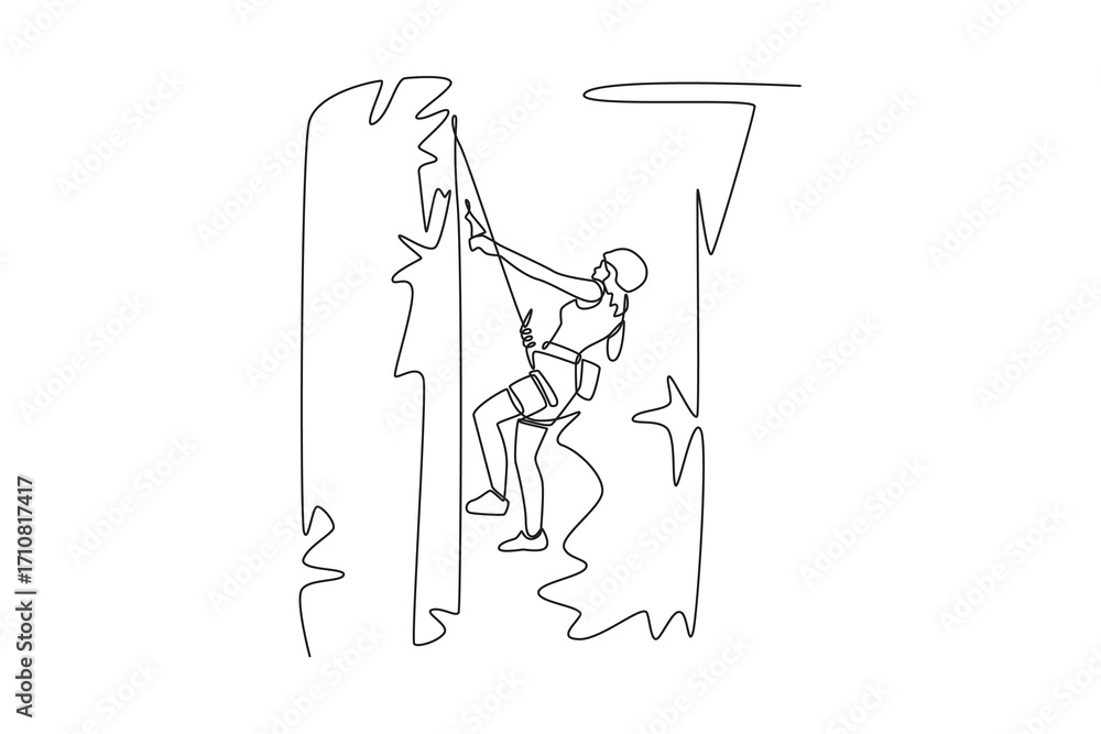 Obraz premium Continuous one line drawing female climbing cliff in challenging pose, representing focused concentration and courage required to conquer rock wall. Single line draw design vector graphic illustration