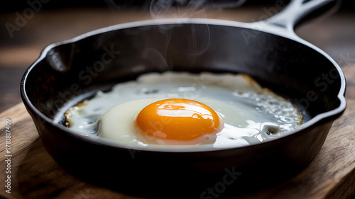 Close-Up of Fresh Sunny Side Up Egg Cooking in Cast Iron Skillet,Fried eggs in black cast iron skillet,pan, fried,perfectly fried egg in a cast iron skillet on rustic wood,Ai