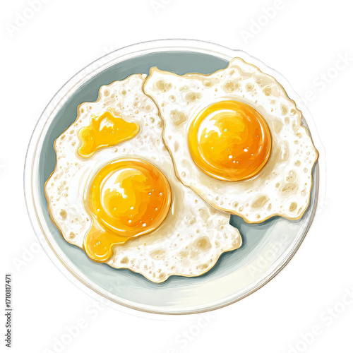 Delicious sunny side up eggs on a plate, perfect for breakfast menu illustration or foodie blog