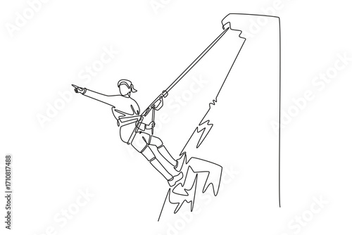 Continuous one line drawing young man is pointing forward while rappelling, embodying a thrilling hobby, athletic skill, and motion of the descent. Single line draw design vector graphic illustration