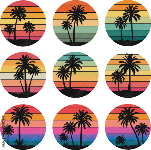 Retro tropical palm tree silhouette sunset collection in vector format