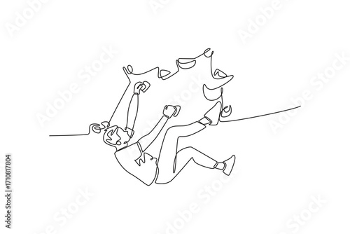 Continuous one line drawing professional male climbing a steep overhanging cliff. Extreme adventure, strength, determination, and thrill of ascent. Single line draw design vector graphic illustration