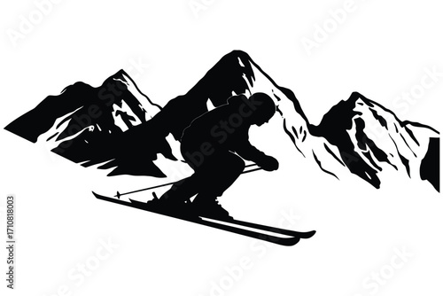 Silhouette of a skier descending a snowy mountain slope