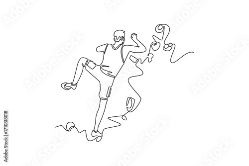 Continuous one line drawing bravery man climbing a steep cliff from behind, symbolizing strength, determination, and thrill of the vertical ascent. Single line draw design vector graphic illustration