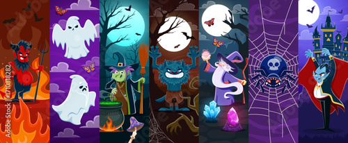 Halloween holiday characters collage with cartoon devil, ghosts, witch, werewolf, wizard, spider and vampire at eerie night backdrops with fire, spiderwebs, potions and full moon enhancing spooky vibe