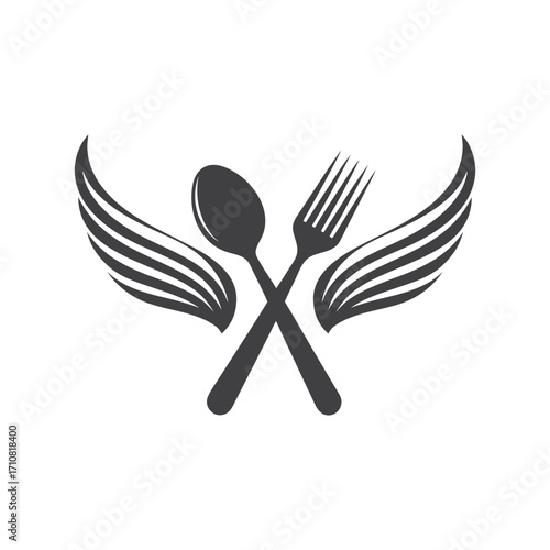 Dark grey crossed spoon and fork with stylized wings on white background vector