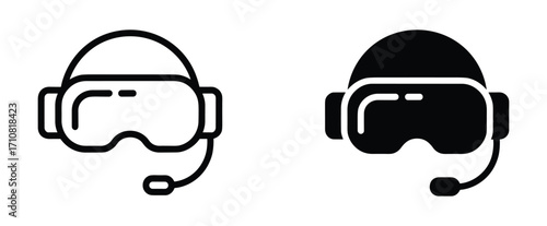 Black and white outline and solid icons of V R headset with microphone VR headset icon virtual reality icon