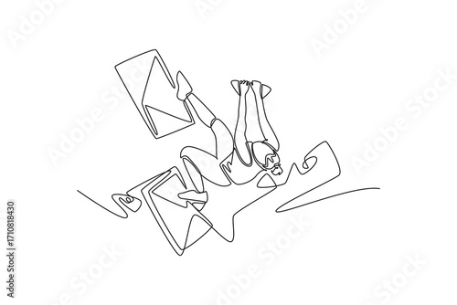Single continuous line drawing female climbing overhanging cliff in challenging, inverted pose, representing courage required to conquer a rock wall. One line draw graphic design vector illustration