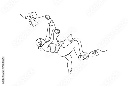 Single continuous line drawing woman climbing an overhanging cliff in a challenging, inverted pose, representing concentration to conquer a rock wall. One line draw graphic design vector illustration