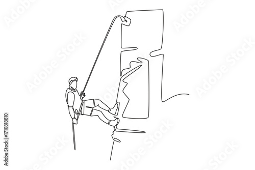 Single one line drawing young male rappelling down a cliff, symbolizing adventure, safety, and the thrilling satisfaction of a successful climb. Continuous line draw design graphic vector illustration