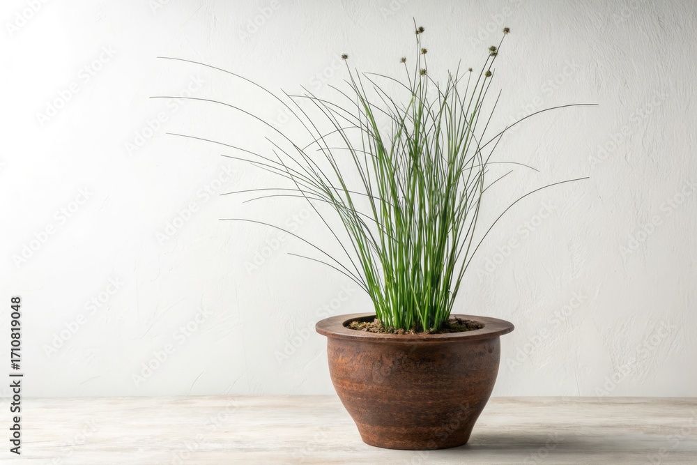 Fototapeta premium Plant With Long Green Stems in a Clay Pot on a Light Background