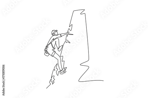 Single one line drawing male climber in a challenging pose, representing the focused concentration and courage required to conquer a rock wall. Continuous line draw design graphic vector illustration