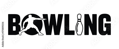 Bowling silhouette and pin text graphic