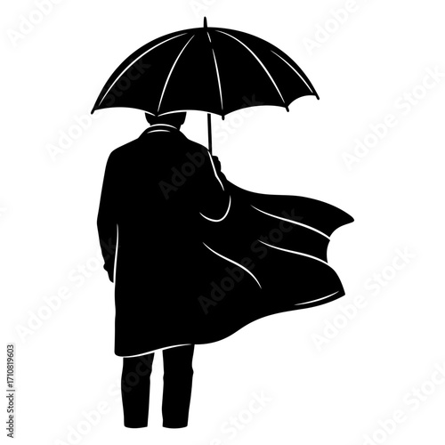 Silhouette of a Man with Umbrella and Cape in a Dramatic Pose
