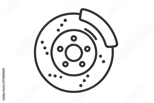 Brake disc icon. Automobile braking system symbol. Car service and repair part. Vehicle safety element. Mechanical spare part. Linear outline vector illustration of a rotor and caliper.