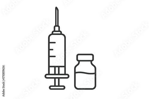 Syringe and vial icon. Vaccine, injection, and immunization concept. Medical equipment line art. Simple vector for medicine, healthcare, flu shot, and treatment. Drug dose.