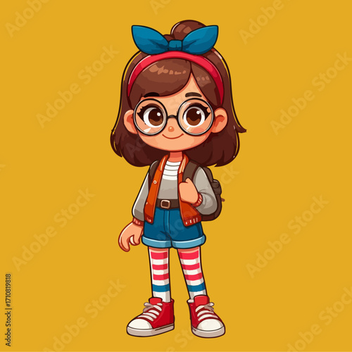 Cartoon vector illustration of a cute schoolgirl character wearing round glasses