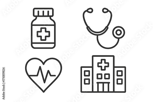 Medical and healthcare line icon set. Vector symbols for hospital, clinic, and pharmacy. Includes stethoscope, medicine bottle, and heart with pulse for cardiology concepts.
