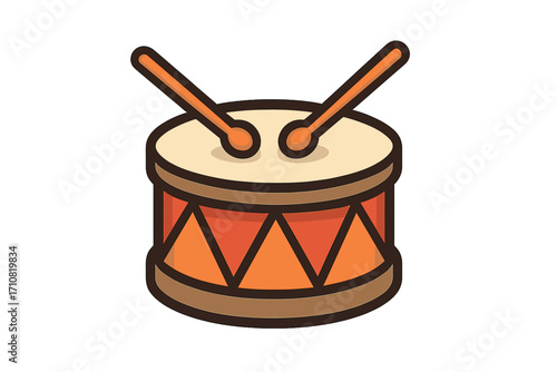 Drum with drumsticks vector icon. Musical instrument symbol for sound and rhythm. Simple cartoon percussion graphic illustration. Isolated flat design element for a band.