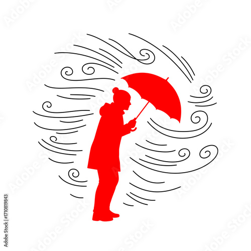 Red Silhouette of Person Braving Strong Winds with Umbrella