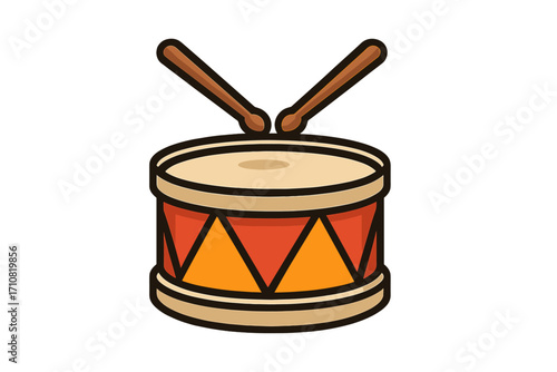 Drum icon with drumsticks. Cartoon vector illustration of a musical instrument. Percussion symbol for music, rhythm, and beat. Isolated toy drum for band or parade.