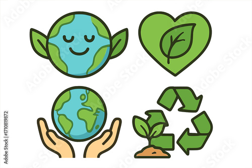 Earth day icon set. Environment and ecology concept. Vector cartoon illustration. Green planet, love nature heart, recycling symbol, and hands holding earth. Sustainability.
