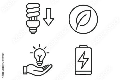Energy saving and green power icon set. Vector linear symbols for electricity, battery charging, and eco-friendly concepts. Lightbulb idea and leaf icon for sustainability.