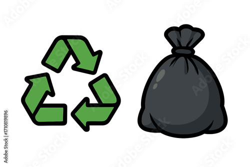 Recycling symbol and trash bag icons. Waste management and garbage sorting concept. Eco friendly, rubbish disposal. Environmental care. Recycle, reduce, reuse vector set.