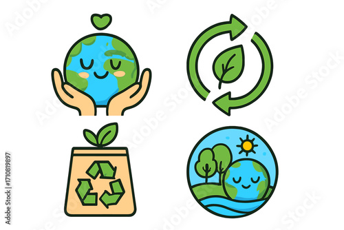 Earth Day icon set for environment conservation and ecology. Vector cartoon illustration of happy planet care, recycling symbol, and green nature. Sustainable lifestyle concept.