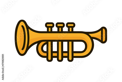 Trumpet icon vector illustration. Golden brass musical instrument for orchestra, jazz, or classical music. Bugle symbol for band or symphony. Sound, melody, fanfare concept.