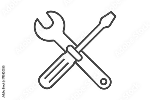 Repair tools icon with crossed screwdriver and wrench. Technical service and maintenance symbol. Vector line art illustration for settings or configuration button. Mechanic workshop logo.
