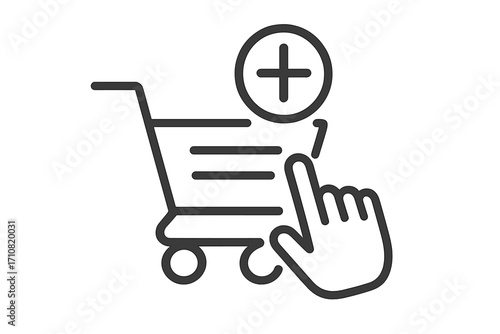Add to cart icon. Hand clicking shopping cart button. Online shopping concept. E-commerce symbol for web store. Buy product online. Purchase basket plus sign vector line art.