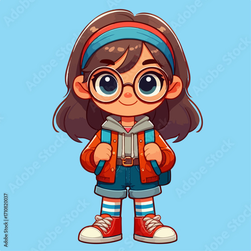 Cartoon vector illustration of a cute schoolgirl character wearing round glasses