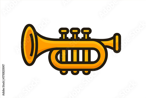 Trumpet icon vector illustration. Gold brass musical instrument symbol. Simple cartoon graphic for jazz or classical music. Fanfare horn logo. Isolated sound clipart.