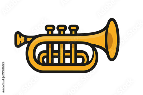 Trumpet icon vector illustration. Golden brass horn symbol for music concepts. Cartoon style musical instrument for orchestra, jazz band, or classical concert design elements.