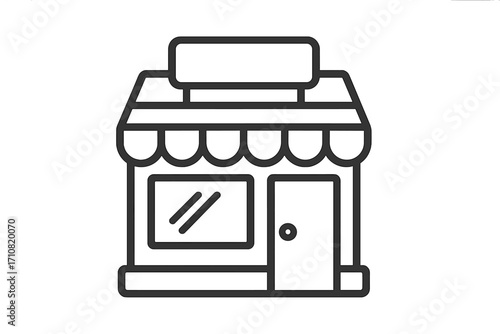 Store icon. Shop building front view. Marketplace symbol for online and offline retail. Vector line art illustration of a commercial property facade. Business and shopping concept.
